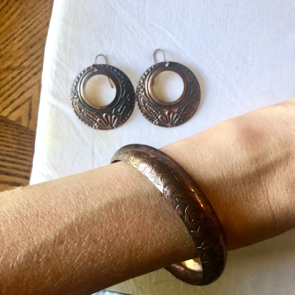 Boho inspired copper/bronze earrings and bracelet